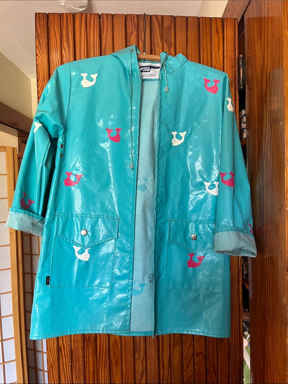 Kids Teal Waterproof Raincoat with Whale Print